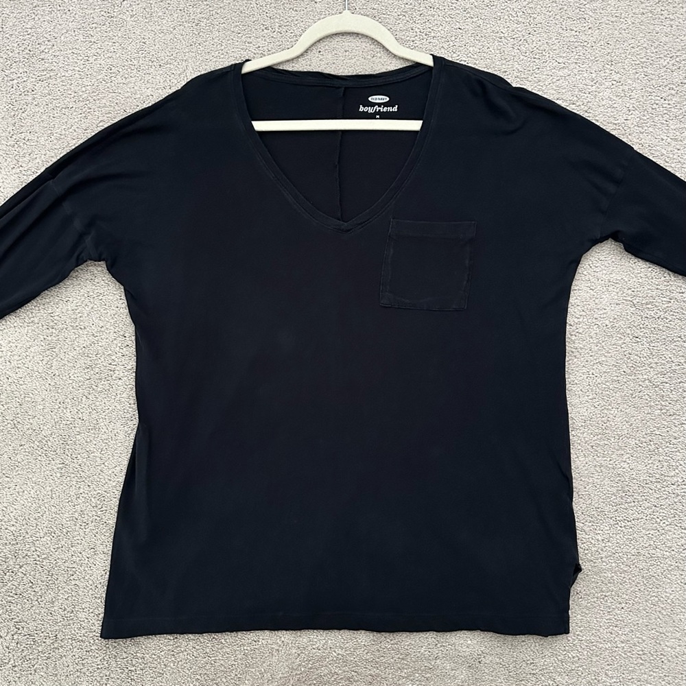 Black Oversized Long Sleeve V-Neck Pocket Tee-Old Navy Boyfriend Layering Shirt - Picture 7 of 12